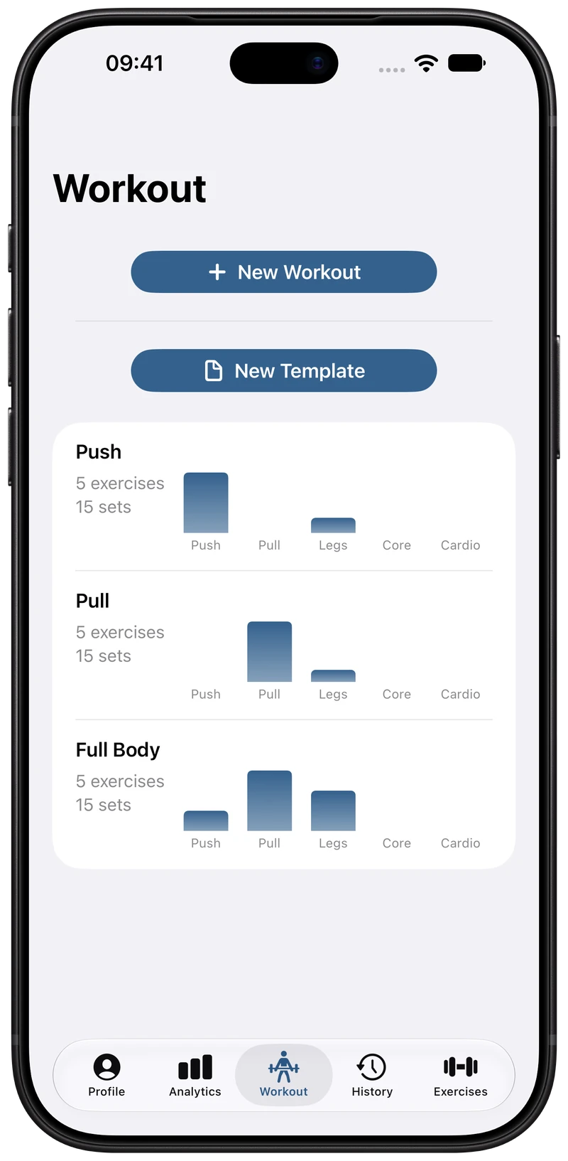 Workout templates screen with the New Template button and Push, Pull, and Full Body routines