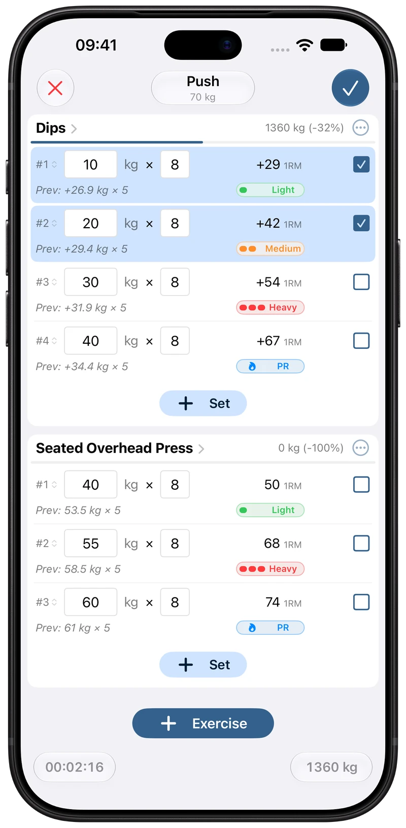 Strength Direct workout logger with weight, reps, and intensity labels for each set